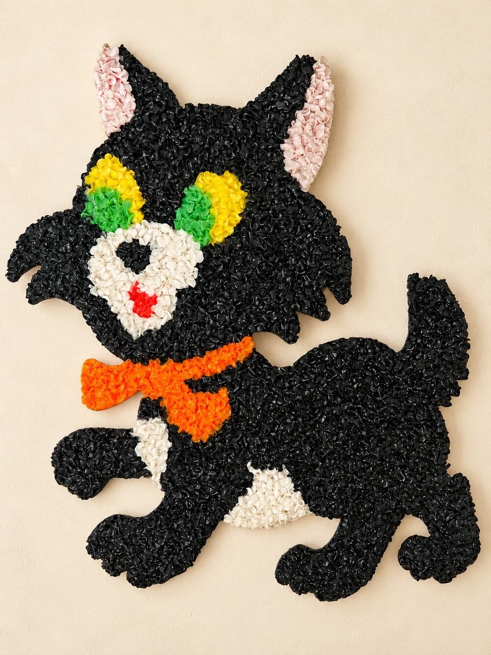 Vintage Kage Black Cat Melted Popcorn Plastic Halloween Wall Decor 1970s